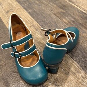 John Fluevog Teal Double Strap Heels